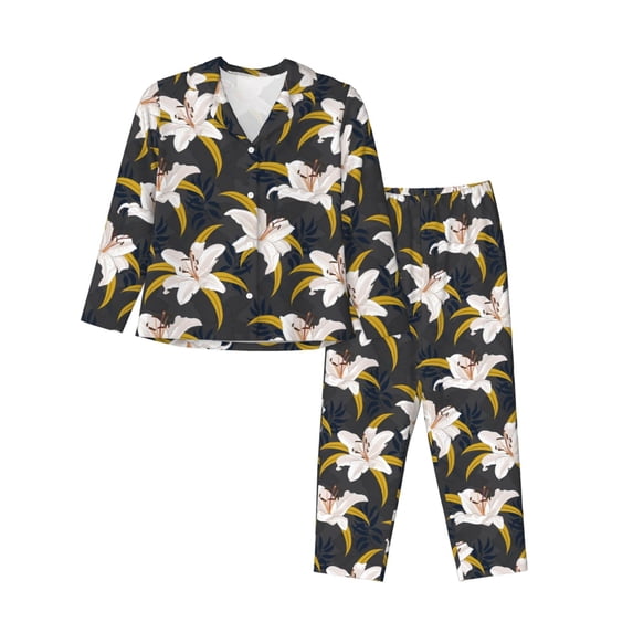 Uemuo Lilies Flowers Pattern Womens Pajama Sets,PJ Set for Women,Pajamas for Women Logo,Long Sleeve Pajama Set for Women,Soft Long Sleeve Top With Pants-XX-Large