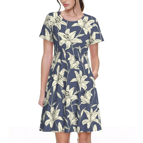 Uemuo Lilies Flowers Print Womens Summer Dress Casual Swing Short Sleeve Sundresses Beach A-line Shift Dress