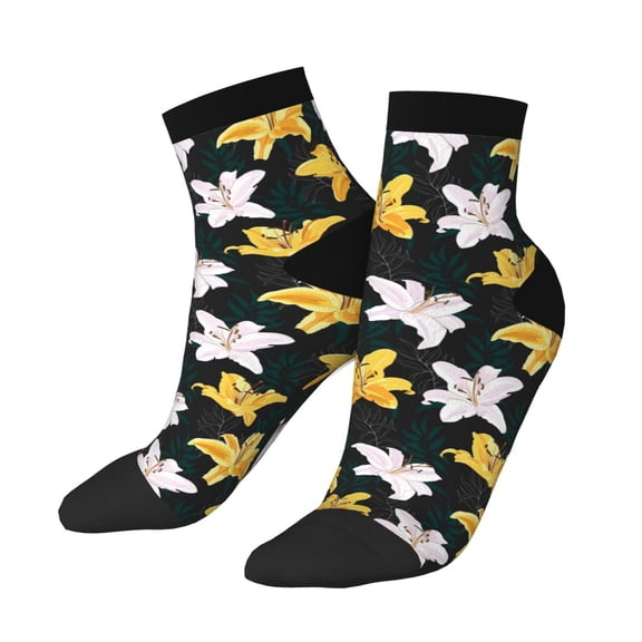 Uemuo Lilies Flowers Printed Crew Socks, Moisture-Wicking Socks, Athletic Socks for Men Breathable Cushion Socks Casual Sport Socks for Running Traveling