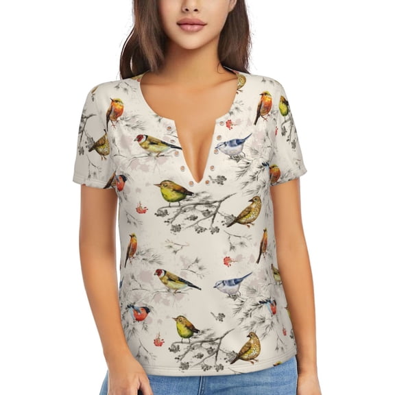 Uemuo Little Birds Drawing Women's Deep V-Neck Low Cut Tops - Casual Loose Fit with Stainless Steel Loop, Soft, Breathable, Perfect for Office, Travel, and Daily Wear-Large