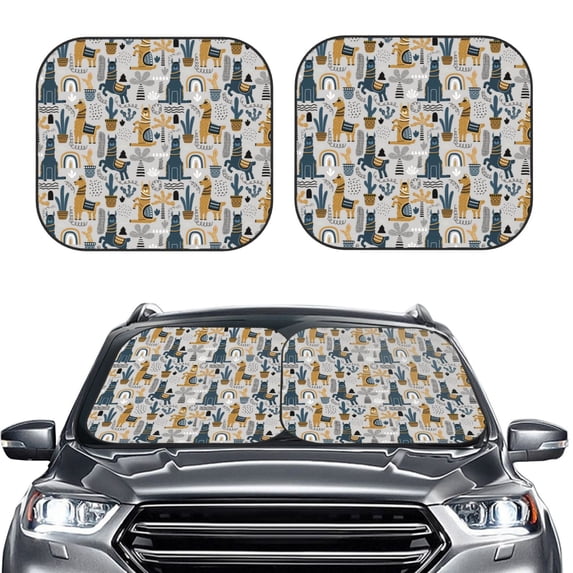 Uemuo Llama and Cactus1 Printed 2 PCS Car Windshield Sun Shade, Auto Sun Heat and UV Rays Blocker, Foldable Automotive Front Window Sunshade Protector