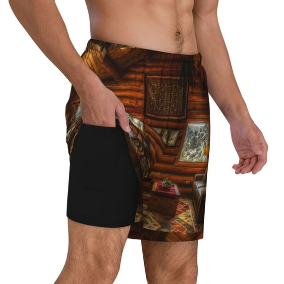 Uemuo Log Cabin Inside Pattern Mens Swim Trunks Quick Dry Board Shorts with Mesh Lining, Stretch Beach Shorts Quick Dry No-Chafing Board Shorts-Large