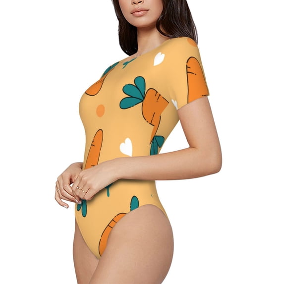 Uemuo Love Carrot Pattern Women's One Piece Short Sleeve Swimsuit Rash Guard Surfing Modest Quick-drying Swimsuit Beach Essentials-Small