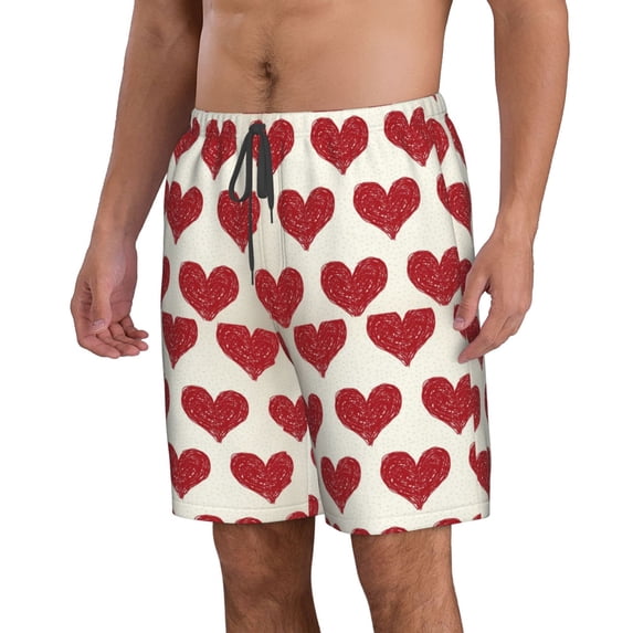 Uemuo Love Pattern Men's Swim Trunks Hawaiian Beach Bathing Suit Swimsuits Beach Quick-Dry Shorts with Pockets-Large