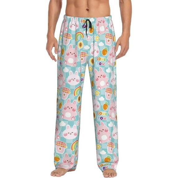 Uemuo Love You Rabbit Pattern Men's Wide Leg Palazzo Lounge Pants with Pockets Light Weight Loose Comfy Casual Pajama Pants-X-Large