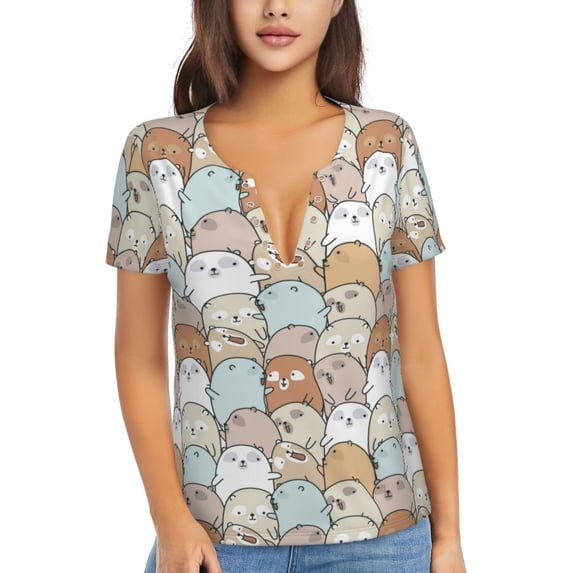 Uemuo Lovely Bear Drawing Women's Deep V-Neck Low Cut Tops - Casual Loose Fit with Stainless Steel Loop, Soft, Breathable, Perfect for Office, Travel, and Daily Wear-Large