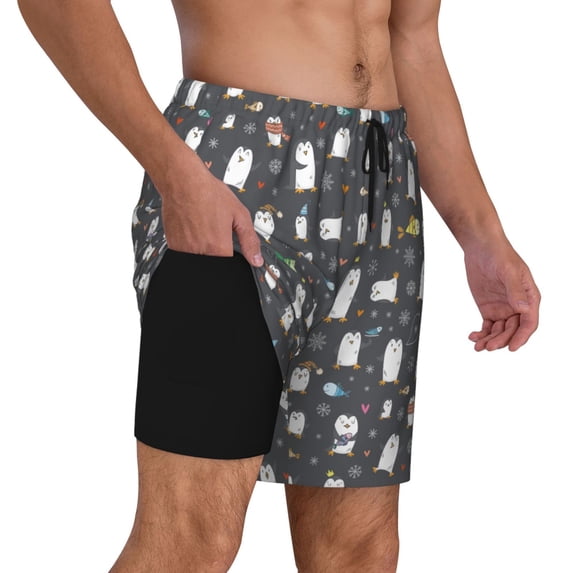Uemuo Lovely Penguin Pattern Mens Swim Trunks Quick Dry Board Shorts with Mesh Lining, Stretch Beach Shorts Quick Dry No-Chafing Board Shorts-X-Large