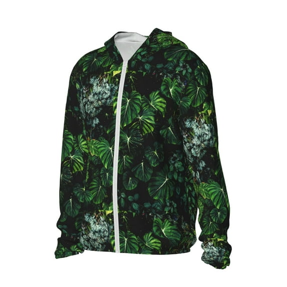 Uemuo Lush Foliage Green Plant Pattern Women's Full Zip UPF 50+ Sun Protection Hoodie Jacket Long Sleeve Sun Shirt Hiking Outdoor Performance with Pockets-Small