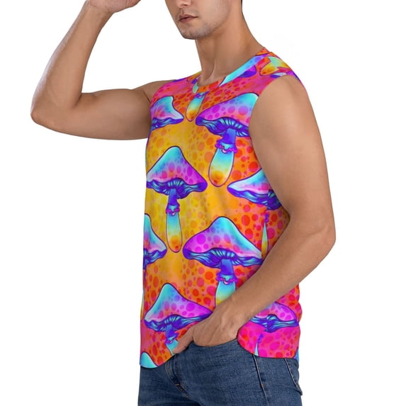 Uemuo Magic Mushrooms Pattern Men's Sleeveless T-Shirt,Muscle Athletic Tank Top, Moisture-wicking Quick-dry Breathable Classic Tee Top for Gym Run Outdoor Sports-