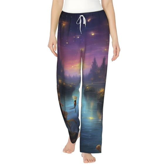 Uemuo Magical Bees Twilight River Pattern Women's Wide Leg Palazzo Lounge Pants with Pockets Light Weight Loose Comfy Casual Pajama Pants-Small