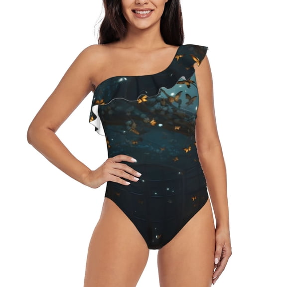 Uemuo Magical Library Butterfly Night Print Women's One Piece Swimsuit Asymmetrical Neck Bathing Suit One Shoulder Side Cutout Ruffle Swimwear-X-Large