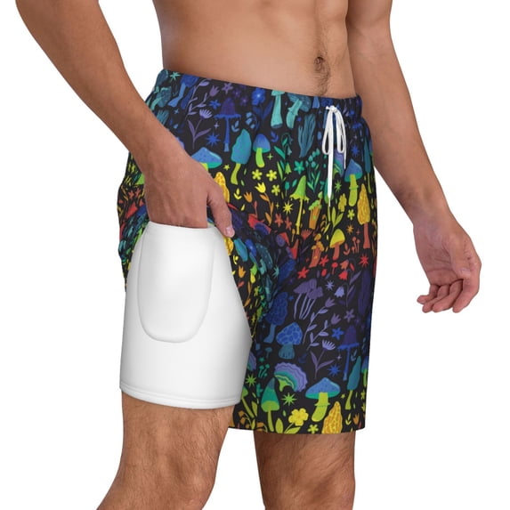 Uemuo Magical Mushrooms and Flowers Pattern Mens Swim Trunks Quick Dry Board Shorts with Mesh Lining, Stretch Beach Shorts Quick Dry No-Chafing Board Shorts-Large