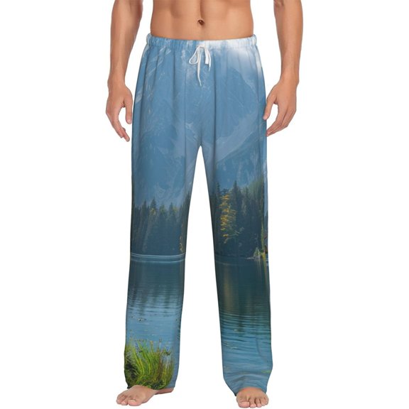 Uemuo Majestic Deer Mountain Lake Pattern Men's Wide Leg Palazzo Lounge Pants with Pockets Light Weight Loose Comfy Casual Pajama Pants-Small