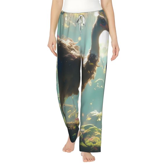 Uemuo Majestic Ostrich In Forest Pattern Women's Wide Leg Palazzo Lounge Pants with Pockets Light Weight Loose Comfy Casual Pajama Pants-Medium