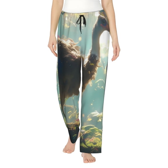 Uemuo Majestic Ostrich In Forest Pattern Women's Wide Leg Palazzo Lounge Pants with Pockets Light Weight Loose Comfy Casual Pajama Pants-Medium