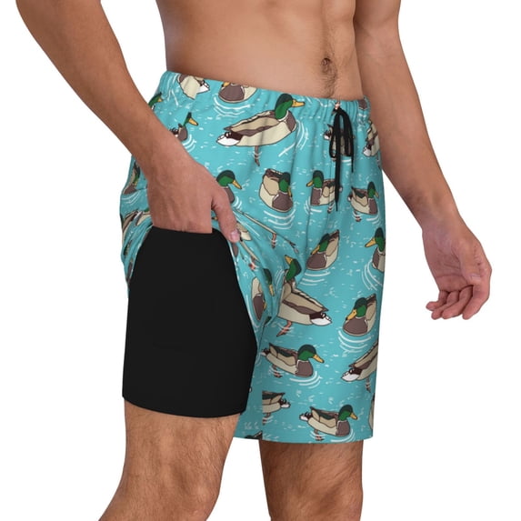 Uemuo Mallard Ducks Swimming In The Lake Pattern Mens Swim Trunks Quick Dry Board Shorts with Mesh Lining, Stretch Beach Shorts Quick Dry No-Chafing Board Shorts-Small