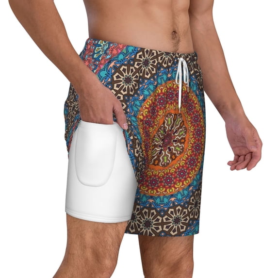 Uemuo Mandala Pattern Mens Swim Trunks Quick Dry Board Shorts with Mesh Lining, Stretch Beach Shorts Quick Dry No-Chafing Board Shorts-Small
