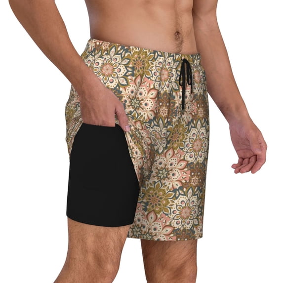 Uemuo Mandala Pattern Mens Swim Trunks Quick Dry Board Shorts with Mesh Lining, Stretch Beach Shorts Quick Dry No-Chafing Board Shorts-Small