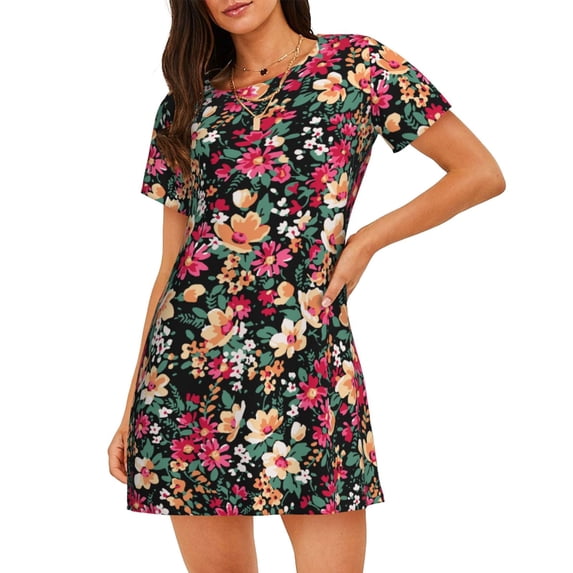 Uemuo Many Kind Of Flowers Pattern Women’s Nightdress – Casual Sleep Shirt, Soft Relaxed Fit Short-Sleeved Cotton Sleepwear for Home, Bedtime, and Lounging