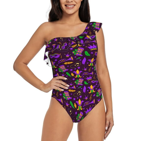 Uemuo Mardi Gra2 Print Women's One Piece Swimsuit Asymmetrical Neck Bathing Suit One Shoulder Side Cutout Ruffle Swimwear-X-Large