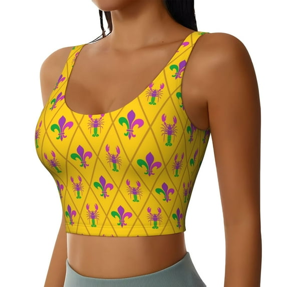 Uemuo Mardi Gras Crayfish and Fleur de lis Pattern Women's Sports Bra - High Impact Support, Breathable, and Comfortable Athletic Bra for Running, Yoga, and Workouts