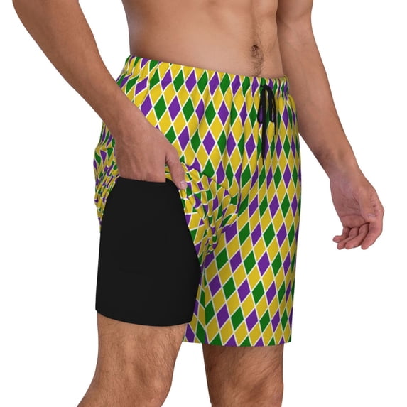 Uemuo Mardi Gras Purple Yellow Plaid Pattern Mens Swim Trunks Quick Dry Board Shorts with Mesh Lining, Stretch Beach Shorts Quick Dry No-Chafing Board Shorts-Medium