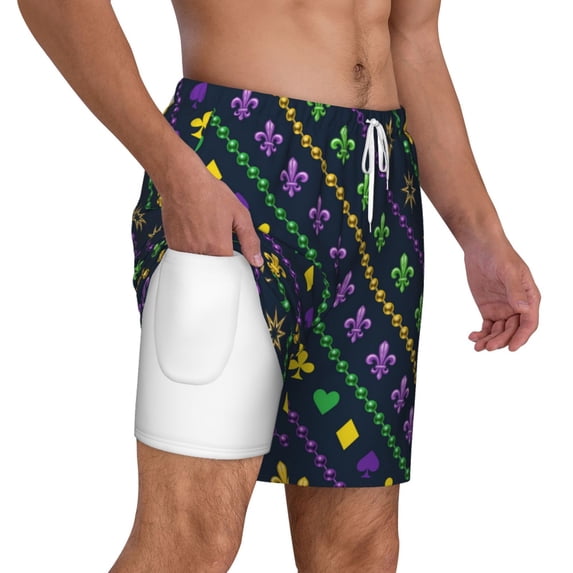 Uemuo Mardi Gras Strings of Beads Pattern Mens Swim Trunks Quick Dry Board Shorts with Mesh Lining, Stretch Beach Shorts Quick Dry No-Chafing Board Shorts-Medium
