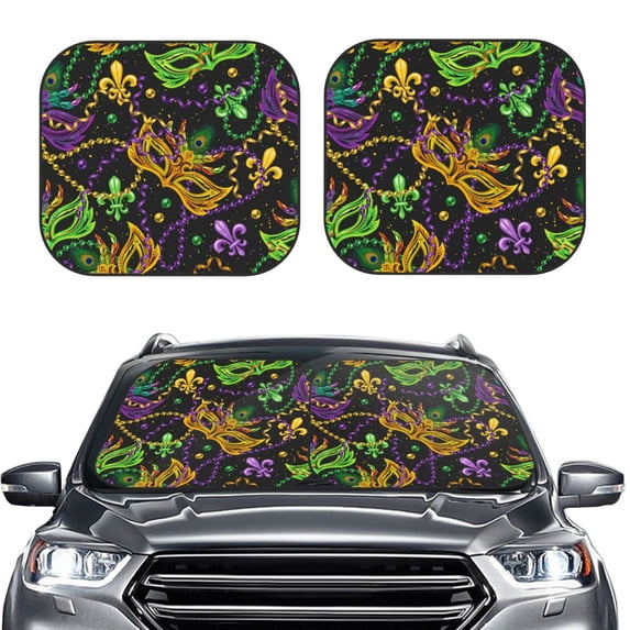 Uemuo Mardi Gras Surface Printed 2 PCS Car Windshield Sun Shade, Auto Sun Heat and UV Rays Blocker, Foldable Automotive Front Window Sunshade Protector