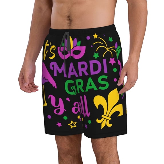Uemuo Mardi Gras with Flamingo Pattern Men's Swim Trunks Hawaiian Beach Bathing Suit Swimsuits Beach Quick-Dry Shorts with Pockets-Large