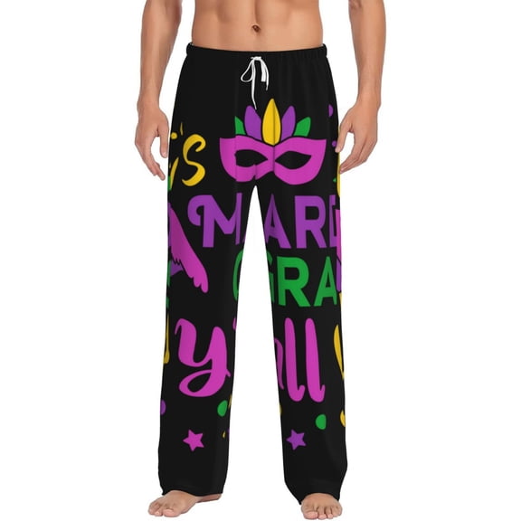 Uemuo Mardi Gras with Flamingo Pattern Men's Wide Leg Palazzo Lounge Pants with Pockets Light Weight Loose Comfy Casual Pajama Pants-Small