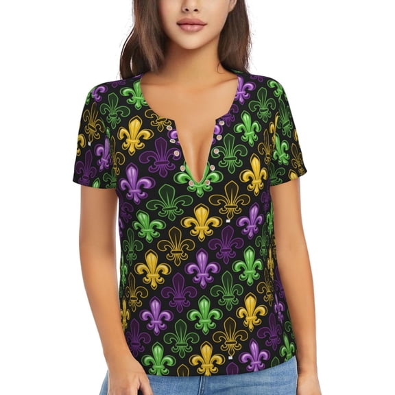 Uemuo Mardi Gras1 Drawing Women's Deep V-Neck Low Cut Tops - Casual Loose Fit with Stainless Steel Loop, Soft, Breathable, Perfect for Office, Travel, and Daily Wear-Large