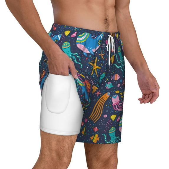 Uemuo Marine Inhabitants Pattern Mens Swim Trunks Quick Dry Board Shorts with Mesh Lining, Stretch Beach Shorts Quick Dry No-Chafing Board Shorts-XX-Large