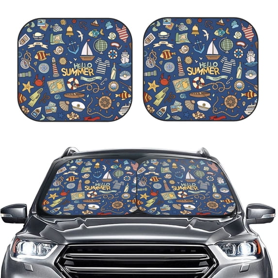 Uemuo Marine Nautical Printed 2 PCS Car Windshield Sun Shade, Auto Sun Heat and UV Rays Blocker, Foldable Automotive Front Window Sunshade Protector
