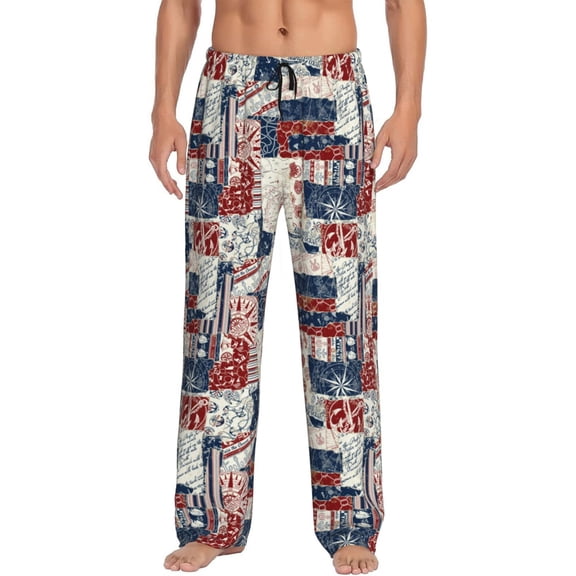 Uemuo Marine Sailing Pattern Men's Wide Leg Palazzo Lounge Pants with Pockets Light Weight Loose Comfy Casual Pajama Pants-Small