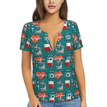 Uemuo Medical Elements Drawing Women's Deep V-Neck Low Cut Tops - Casual Loose Fit with Stainless Steel Loop, Soft, Breathable, Perfect for Office, Travel, and Daily Wear-Small