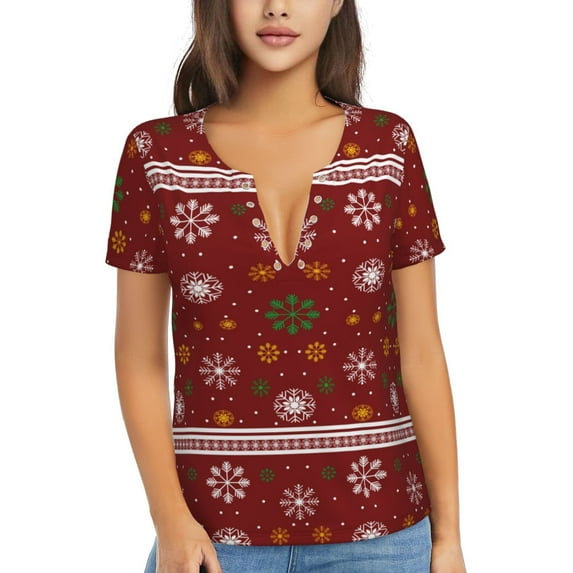 Uemuo Merry Christmas Drawing Women's Deep V-Neck Low Cut Tops - Casual Loose Fit with Stainless Steel Loop, Soft, Breathable, Perfect for Office, Travel, and Daily Wear-X-Large