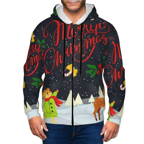 Uemuo Merry Christmas Elk for Men's Fashion Full-zip Hoodies & Sweatshirts with Kangaroo Pocket, Zip-up Hooded Sweatshirt, Moisture Wicking & Breathable-Small