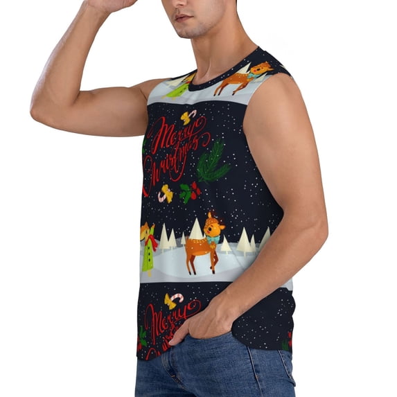 Uemuo Merry Christmas Elk Pattern Men's Sleeveless T-Shirt,Muscle Athletic Tank Top, Moisture-wicking Quick-dry Breathable Classic Tee Top for Gym Run Outdoor Sports-3X-Large