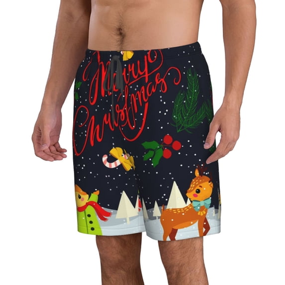 Uemuo Merry Christmas Elk Pattern Men's Swim Trunks Hawaiian Beach Bathing Suit Swimsuits Beach Quick-Dry Shorts with Pockets-Small