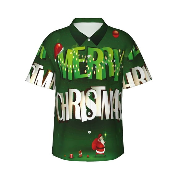 Uemuo Merry Christmas Printed Regular Fit Short Sleeve Casual Hawaiian Shirt for Men,Aloha shirt,Tropical shirt,Floral print shirt,Vacation Beach shirt-X-Large