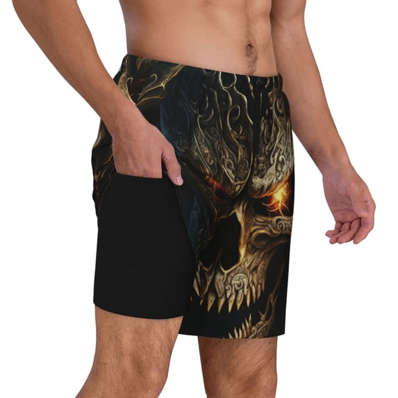Uemuo Metal Evil Skull Pattern Mens Swim Trunks Quick Dry Board Shorts with Mesh Lining, Stretch Beach Shorts Quick Dry No-Chafing Board Shorts-X-Large