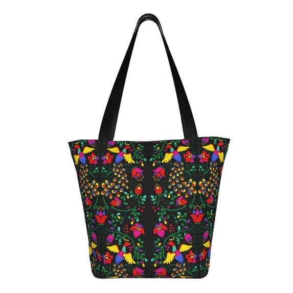 Uemuo Mexican Flower 2 Print Tote Bags for Women,Large Capacity Corduroy Bag,Reusable Grocery Shoulder Bag,Beach Tote with Zipper Closure, Daily Essentials