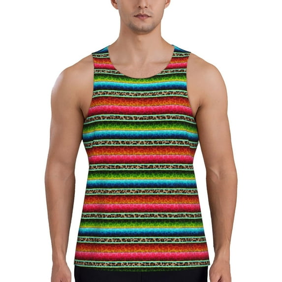 Uemuo Mexican Leopard Serape Blanket Stripes Pattern Men's Muscle Shirts Sleeveless Dry Fit Gym Workout Tank Top Lightweight Sports Tank Top Beach Tank Top, Loose-fit Sleeveless Shirt-Large