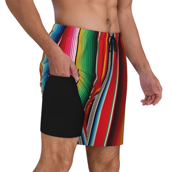 Uemuo Mexican Serape Blanket Stripes Pattern Mens Swim Trunks Quick Dry Board Shorts with Mesh Lining, Stretch Beach Shorts Quick Dry No-Chafing Board Shorts-