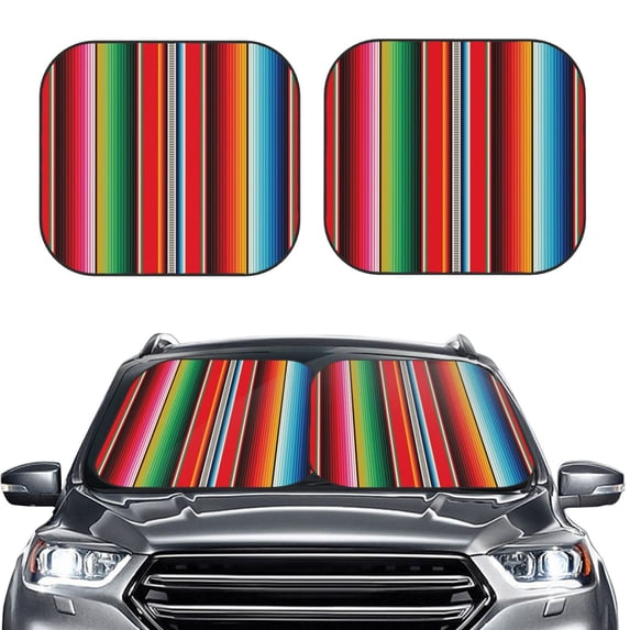Uemuo Mexican Serape Blanket Stripes Printed 2 PCS Car Windshield Sun Shade, Auto Sun Heat and UV Rays Blocker, Foldable Automotive Front Window Sunshade Protector