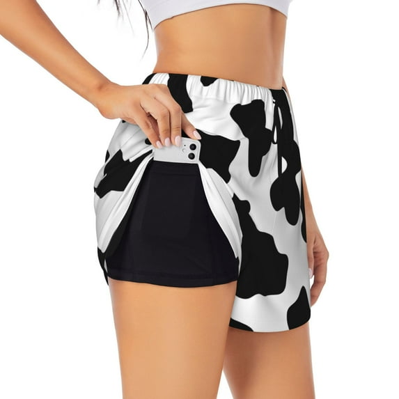 Uemuo Milk Cow Pattern Women's Athletic Shorts High Waisted Running Shorts with Liner Pockets Gym Elastic Workout Shorts-Large