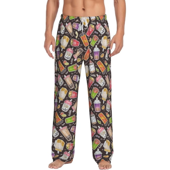 Uemuo Milk Tea Pattern Men's Wide Leg Palazzo Lounge Pants with Pockets Light Weight Loose Comfy Casual Pajama Pants-Medium