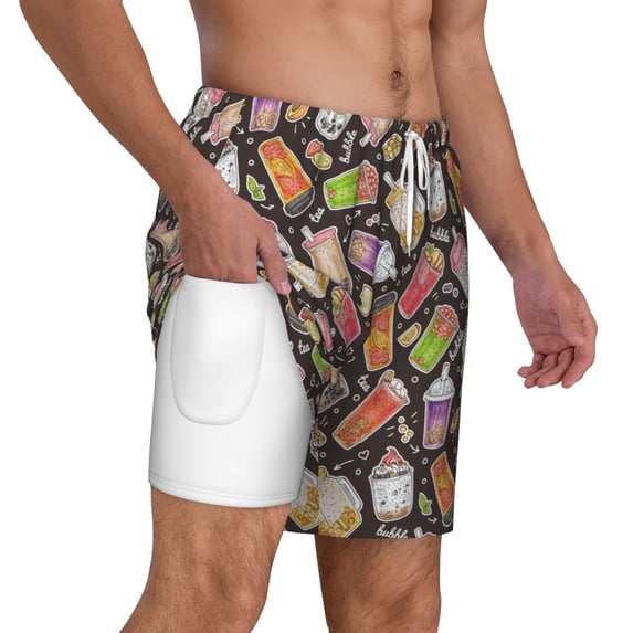 Uemuo Milk Tea Pattern Mens Swim Trunks Quick Dry Board Shorts with Mesh Lining, Stretch Beach Shorts Quick Dry No-Chafing Board Shorts-Large