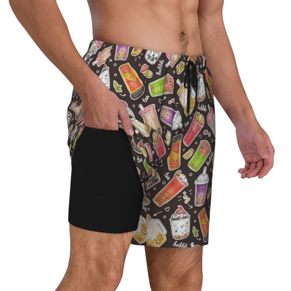 Uemuo Milk Tea Pattern Mens Swim Trunks Quick Dry Board Shorts with Mesh Lining, Stretch Beach Shorts Quick Dry No-Chafing Board Shorts-Small