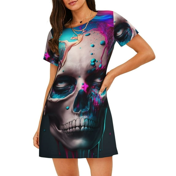 Uemuo Modern Abstract Colorful Skull B Pattern Women’s Nightdress – Casual Sleep Shirt, Soft Relaxed Fit Short-Sleeved Cotton Sleepwear for Home, Bedtime, and Lounging